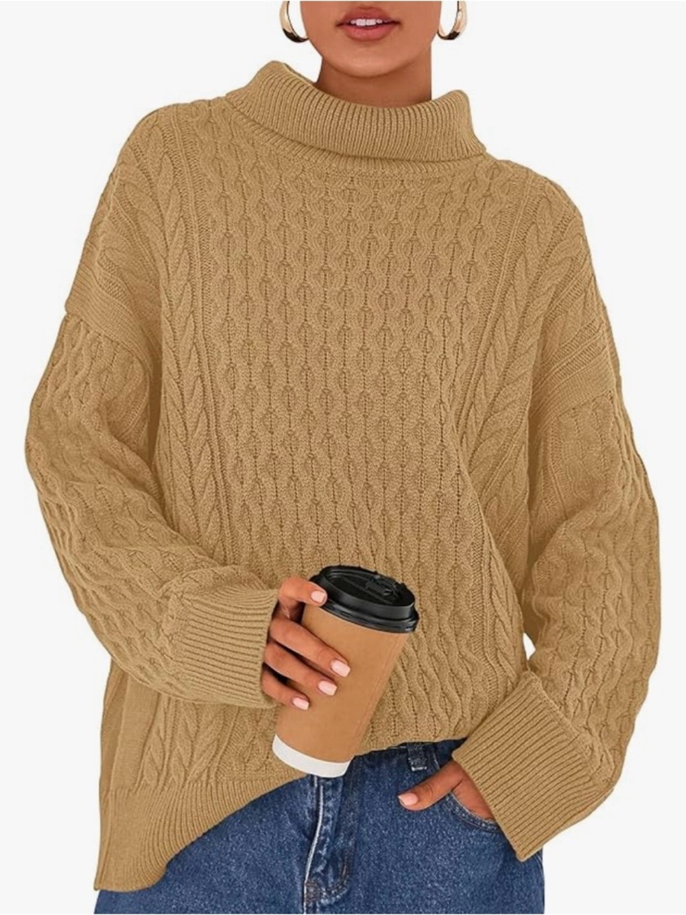 Women's Cable Knit oversized Turtleneck Sweater - Camel Med 10/12